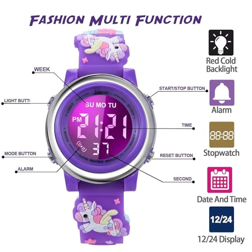 SYOSI Kids Digital Luminous Watches for Girls Boys, 3D Cute Cartoon 7 Color Lights Waterproof Sport Outdoor LED Electronic Wrist Watch with Alarm Stopwatch Wristwatch for 3-12 Years Children
