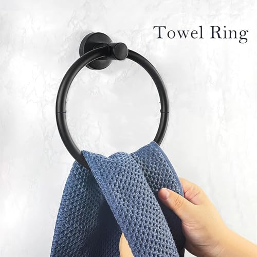 THE WHITE SHOP 14 Pcs Bath Towel Bar Set, Matte Black Stainless Steel Bathroom Hardware Set Matt Black Towel Holder Kit Hand Towel Holder Towel Ring Robe Hooks Water-Resistant, Rust-Resistant