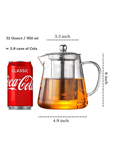 TMOST Glass Teapot with Infuser Tea Pot 32oz/43oz Tea Kettle Stovetop Safe Blooming and Loose Leaf Tea Maker Set (32oz/ 950ml)