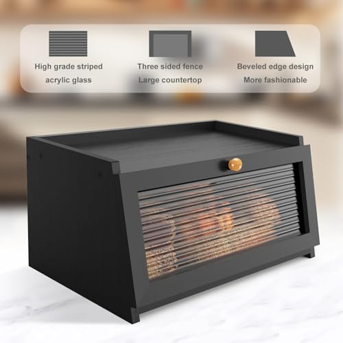 Bread Box for Kitchen Countertop Large Bread Box Farmhouse Bread Container Bread Storage with Window Bread Holder Black