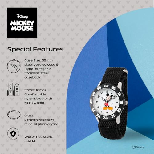 Disney Mickey Mouse Kids' Bezel Stainless Steel Time Teacher Analog Nylon Strap Watch