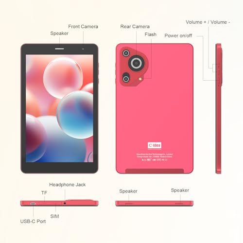 C idea 8 inch Tablet, Android 13.0 Tablet with SIM Card Slot and Wifi 8GB RAM,512GB ROM Storage Dual 5MP Camera HD IPS Display,CM828 (Red)