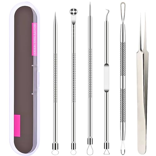 6 PCS Blackhead Remover Comedone Extractor Acne Needle Tools Set Professional Stainless Blackhead Tweezer Kit Removing Whitehead Popping Zit for Nose Face Skin Blemish Treatment Pimple Popper Tool Kit