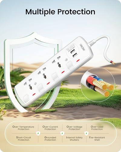 LENCENT Extension Lead with USB Slots, 3 Way Sockets Outlet Power Strips with 2 USB Ports, Universal Plug Adapter with 2M Extension Cord, Charging Station for Home, Office, Individually Switched