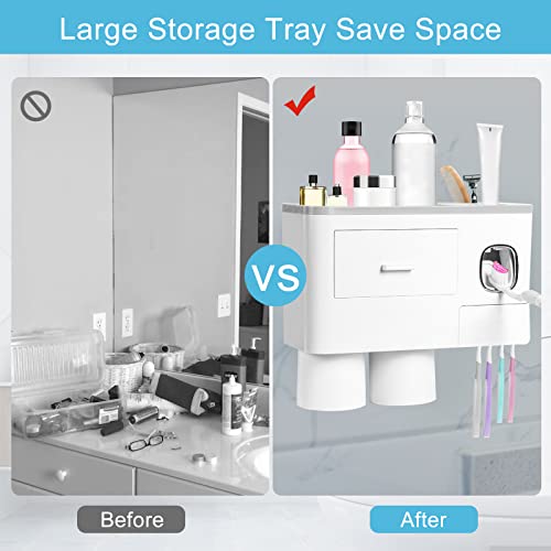 SKY-TOUCH 2 Cups Wall Mounted Toothbrush Holder, Multifunctional Space-Saving Toothbrush and Toothpaste Holder with Drawer for Cosmetics Organizer for Washroom and Bathroom