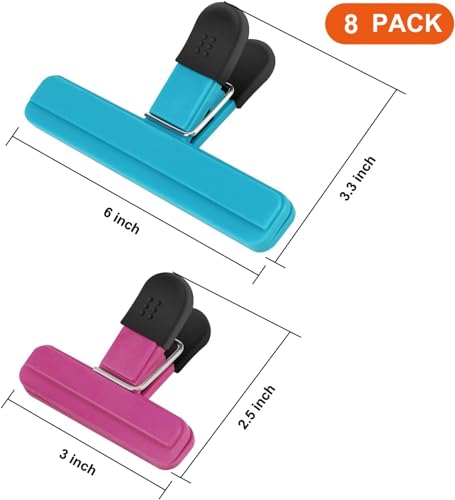 Chip Clips, 8 Pack Assorted Sizes Colors Food Bag Clips, Upgrade Wide Open Bag Clips for Food Storage with Air Tight Seal Grip (4 x L, 4 x S)