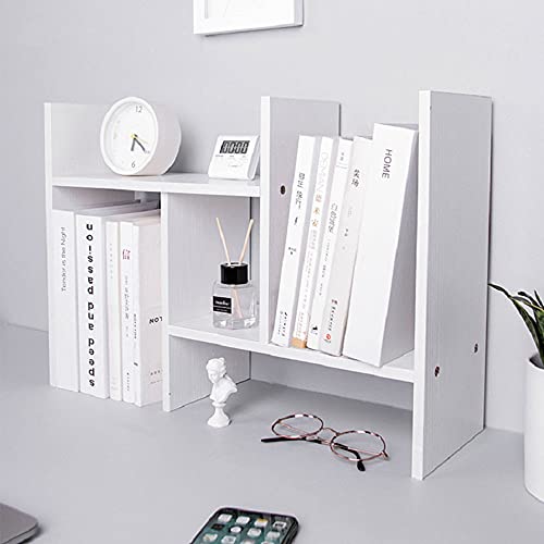 TKAS Desktop Organizer Bookshelf Office Storage Rack Adjustable Wood Display Shelf Home Decor Free Style Rotation Countertop Bookcase Office Supplies Desk Organizer Accessories (White)