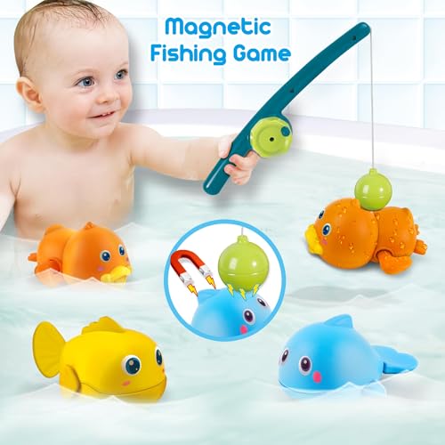 TERRIFI Baby Bath Toys, Magnetic Fishing Games for Kids 1-3 Years Old, Wind Up Swimming Fish, Duck and Whale Floating Water Toys for Infants and Toddlers, Bath Time Shower Gifts