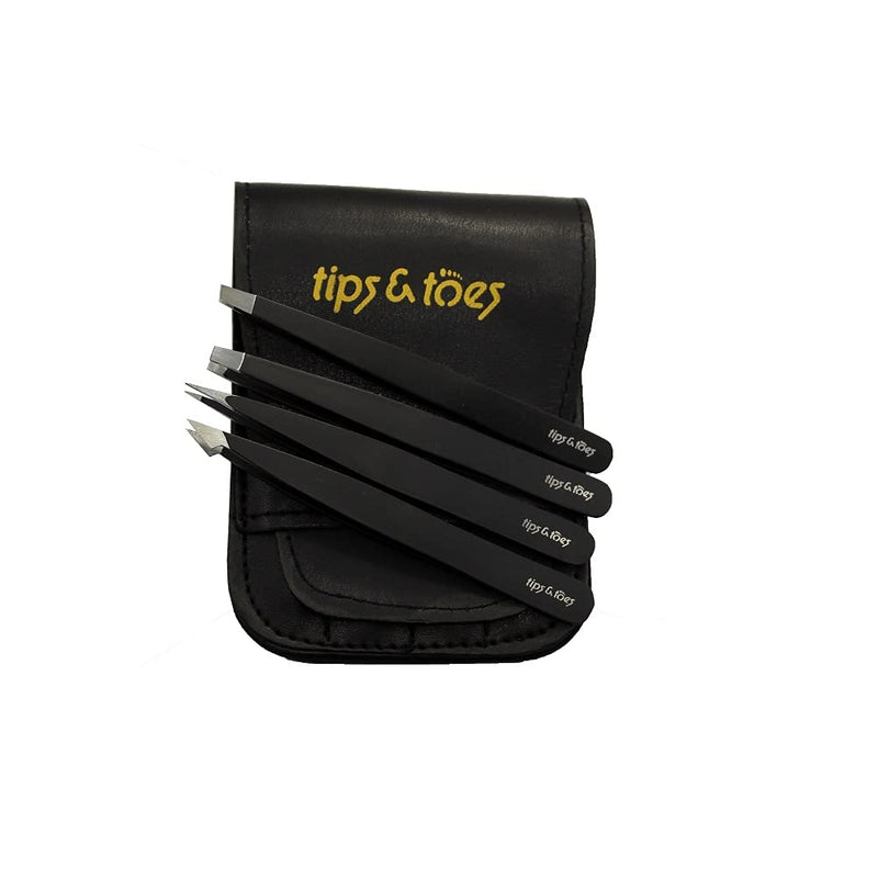 tweezer Professional 4 Piece Stainless Steel Tweezer Set With Leather Bag Case for eyebrow and Eyelash tweezer