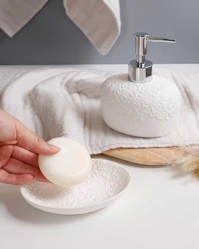 ANTIS'S HOME Bathroom Accessories Set with Embossed Design 4PCS, Ceramic White Bathroom Accessory Set, 1Pcs Bathroom Soap Dispenser 14oz, 2Pcs Tumbler Cup, 1Pcs Soap Dish,
