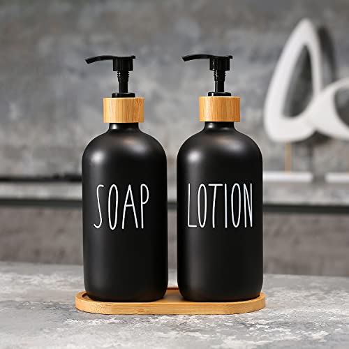 MOMEEMO Black Soap Dispenser Bathroom Set, Set with Glass Dispenser, Bamboo Pumps & Tray. Hand and Lotion Suitable for Farmhouse Decor. (Black)