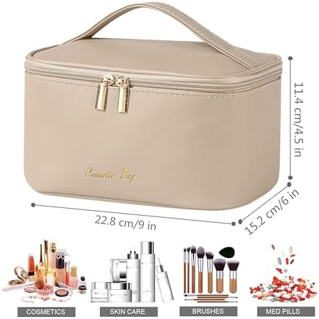 LYNSAY Makeup Bag Travel Cosmetic Bags Multifunction Organizer Storage Bag Toiletry Bag Leather Waterproof Bag for Women for Women Girls Pouch Cute (beige)