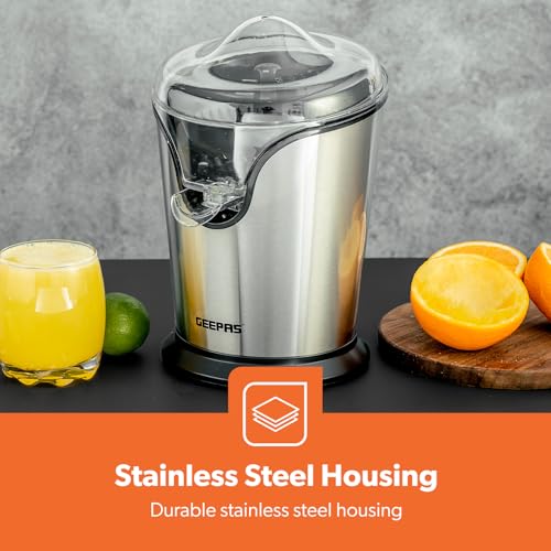 Geepas GCJ46013UK 100W Citrus Juicer Electric Orange Juicer | Professional Brushed Stainless Steel Fruit Juicer | Squeezes Oranges Lemons Lime Juices | Freshly Pressed Fruit Juices in Seconds