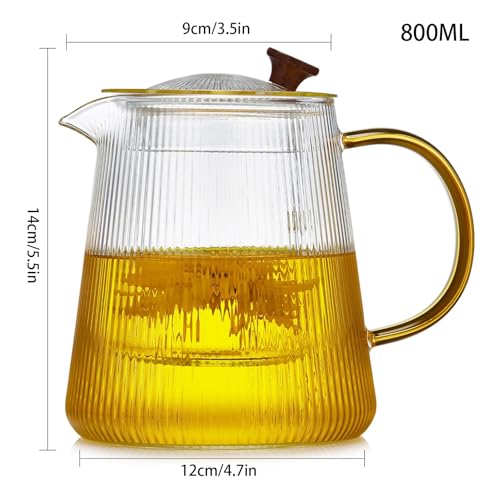 Glass Teapot Stovetop 800ML with Vertical Stripes, Borosilicate Clear Tea Kettle with Removable Filter Liner,Blooming and Loose Leaf Tea Maker Tea Brewer