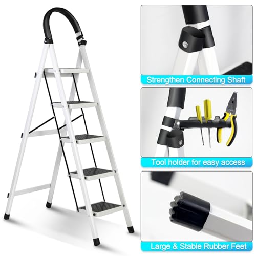 SKY-TOUCH Foldable Ladder 5 Steps, Home Ladder Folding Step Stool with Wide Anti-Slip Pedal, Adults Folding Sturdy Steel Ladder for Home,Kitchen, Garden, Office