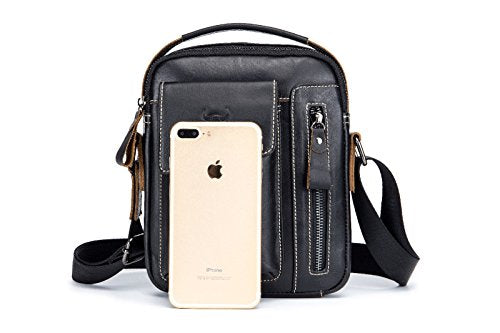 BULLCAPTAIN Men's Small Shoulder Bag, Genuine Leather Bag, Retro lightweight Cross Body Everyday Satchel Bag for Business Casual Sport Hiking Travel, Black, 2T, Traveling