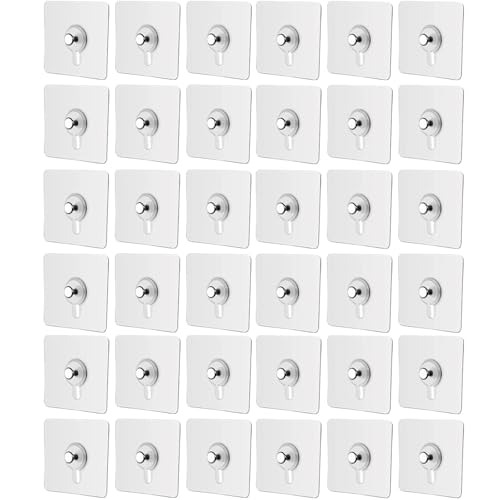 SKY-TOUCH Adhesive Wall Hooks : 36Pcs Transparent Heavy Duty Self-Sticking Hangers Without Nails, Waterproof & Rustproof for Kitchen Bathroom Home Office - Reusable No Damage Hooks (6x6cm, 4kg Load)
