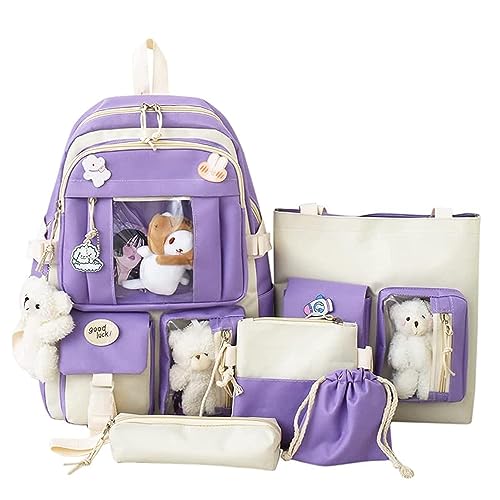 TOMVAES 5 Pcs School Book Bag Set,Bear Pendant Canvas Combo,School Backpack Bag,Girl Student Tote Crossbody Daypack Boy Pencil Case,Girls schoolbag School Shoulder Bags Backpack