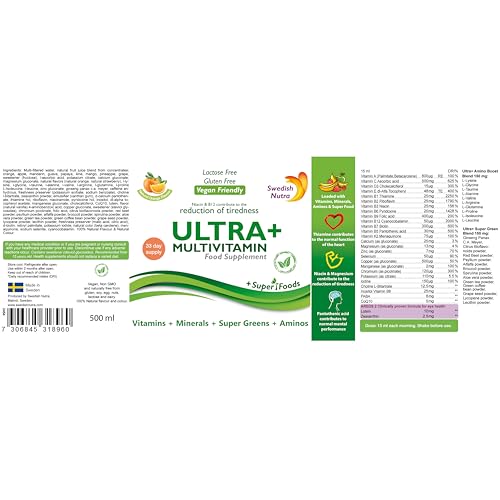 Swedish Nutra - Ultra+ Multivitamin Liquid Food Supplement - Pack of 500 ml, 33 Day Supply | Packed with Vitamins, Minerals, Super Greens & Aminos to Boost Energy & Immunity I Natural Orange Flavour