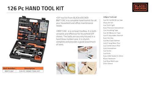 Black & Decker 126 Pieces Hand Tool Kit In Kitbox For Home Diy & Professional USe, Orange/Black - Bmt126C, 2 Years Warranty