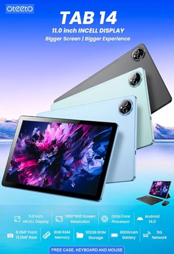 Oteeto TAB 14 Tablet/11. Inch Incell Display/Octa Core 2.0GHz Processor/Android 14/8MP Front  13 MP Rear Camera/8GB RAM  512GB ROM/8000 mAH Battery/4G Dual SIM/5G Wifi/Keyboard/Flip Cover (Green)