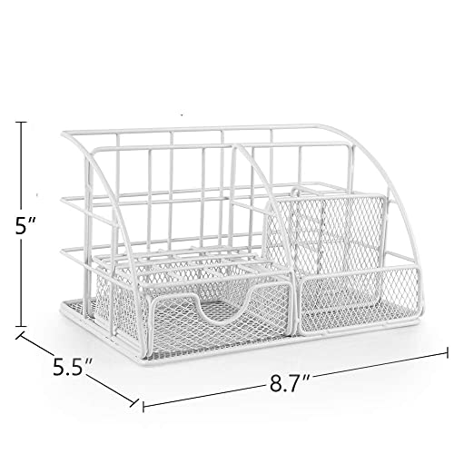 Benting Desk Organizer Office Accessories, Multi-Functional Mesh Desk Organizer with 5 Compartments and 1 Drawer for Home, Office, School, Workshop, kitchen (White)