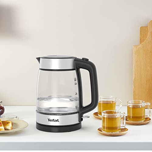 TEFAL Kettle | 1.7 L Glass Electric Kettle | 18050-2200 W | Concealed Heating Element | Cordless 360° Design | Removable Anti-Scale Filter | Precision Spout | Assisted Lid Opening | KI700827