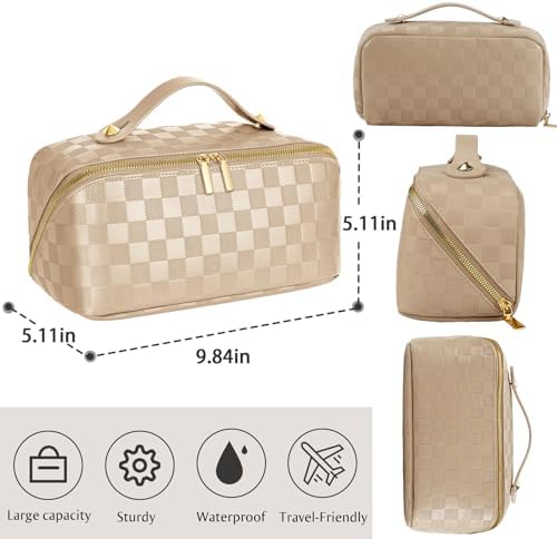ALEXTINA Large Capacity Travel Cosmetic Bag - Portable Makeup Bags for Women Travel Toiletry Bag Waterproof Leather Checkered Makeup Organizer Bag, Roomy Cosmetic Bag for Women and Girls, Black,