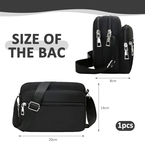 Crossbody Bag For Women With Multiple Pockets, Girls Shoulder Bag, Nylon Crossbody Bags, Phone Bag Waterproof With Adjustable Strap For Travel Shopping Outing Work Strolling (Black)