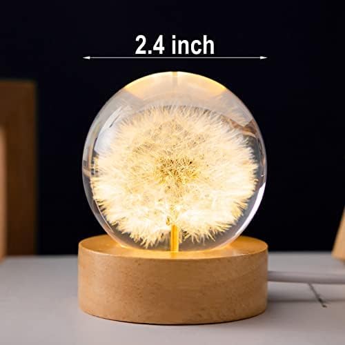 MARZIUS Flower Crystal Ball Night Light,2.4 inch Glass Ball Night Lamp with Woodern Base,Decorations Gifts for Men,Women,Kids,Boys,Girls,Teens (Red Daisy)