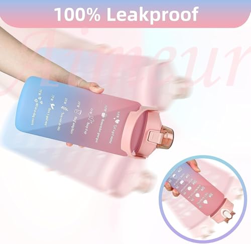 3 Pack Sports Water Bottle With Straw,2L+900ml+500ml Measured Plastic Drinking BPA Free Non-Toxic Sports Drinks Time Markings Motivational Fitness (Pink)