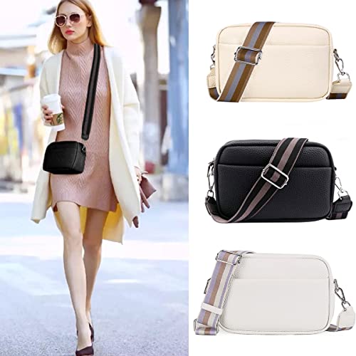 Efilra Crossbody Bag for Women, Small Leather Camera Purse Thick Strap Cross-body Bags, Triple Zip Shoulder Bag with Guitar Strap, B-black, Camera Crossbody Bag