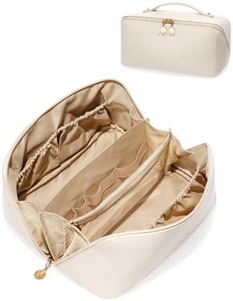 EACHY Travel Makeup Bag,Large Capacity Cosmetic Bags for Women,Waterproof Portable Pouch Open Flat Toiletry Bag Make up Organizer with Divider and Handle