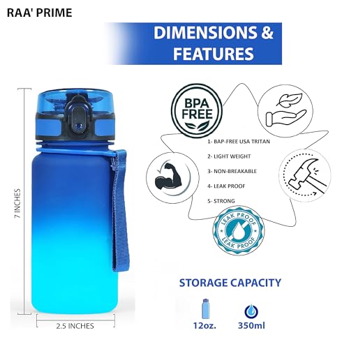 RAA' PRIME Water Bottle for Adults and Kids - USA Tritan Material, Fast Flow, Non-Toxic BPA Free, Flip Top Leak Proof Lid w/One Click Open. 350m (Blue/Green)