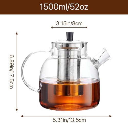 1500ML Glass Teapot with Removable Stainless Steel Infuser Strainer, 52oz Tea Kettle,Stovetop Safe Large Tea Pot, Blooming and Loose Leaf Hand Crafted Kettle for Adult Stainless Infuser