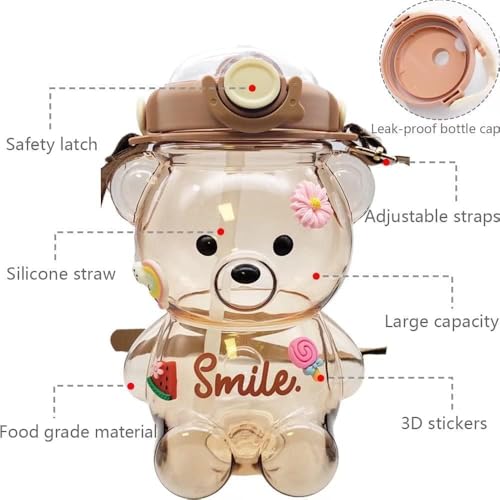 Bear Water Bottles, Kawaii Cute bears Water bottle Bear Cup with Straw, Cute Charms and Strap for School Gifts portable plastic large capacity water bottle