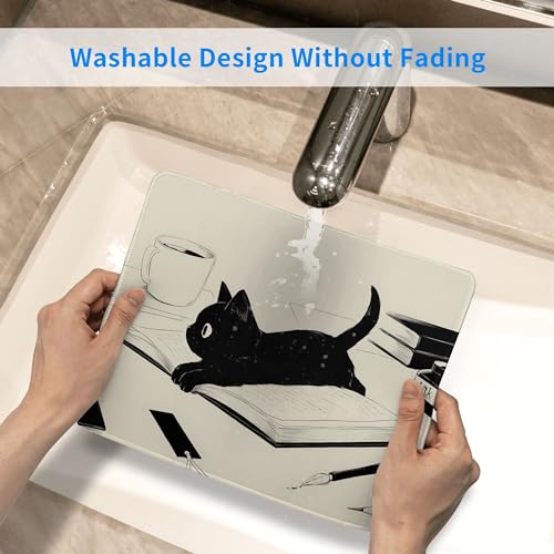 Black Cat Mouse Pad Cute Funny Square Mouse Pad Anti-Slip Rubber Kawaii Mousepad with Stitched Edgesfor Computer and Laptop Mouse Mat, Cute Desk Accessories, Office Decor, Desk Decor,Gift for Her