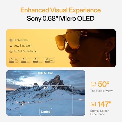 XREAL One AR Glasses with X1 Chip, Native 3 DoF, 147" 50°FOV 120Hz HD Display, Renowned Audio, 3 Adjustable Lens Transparency, Compatible with iPhone 16/15, Steam Deck, ROG, Mac, PC, Android & iOS