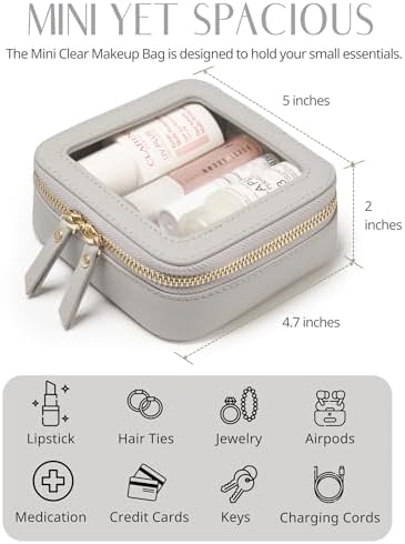 Small Cosmetic Bag for Purse Mini Makeup Bag for School Cute Clear Make Up Pouch for Travel Tiny Leather White Make Up Organizer Case for Backpack Toiletry Bag Waterproof Square Pouch with Zipper