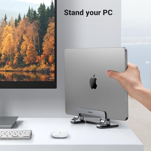 UGREEN Aluminum Vertical Laptop Stand, Double Desktop Stand Holder with Adjustable Dock Space-Saving Anti Slide Silicone Grips for All Tablet/iPad MacBook/Surface/Samsung/HP/Dell/Chrome Book Silver