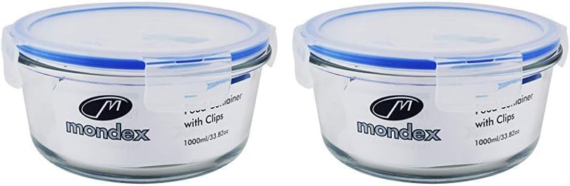 Mondex Cmn0094-96 2 Pieces Food Storage Container With Lid, Blue, 350 Ml/700 Ml, Rectangle, Glass - Round 1000ml (Pack of 2)