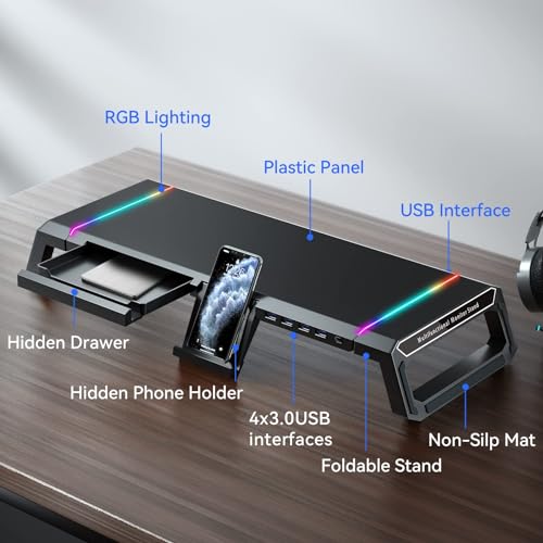 NALACAL RGB Gaming Computer Monitor Stand Riser - 4 USB 3.0 Hub, 3 Length Adjustable, Laptop Desk Shelf with Storage Drawer and Tablet Phone Holder, Desk Organizers for Desktop, Printer (Black)