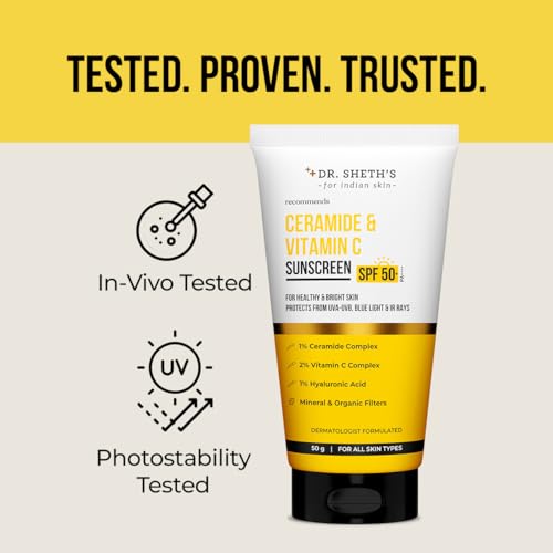 Dr. Sheth's Sunscreen SPF 50 Cream with Ceramide & Vitamin C for Oily, Sensitive, Dry Skin | For Intense Hydration | Non Greasy, Quick Absorbing | Zero White Cast | PA+++ | For Women & Men | 50g