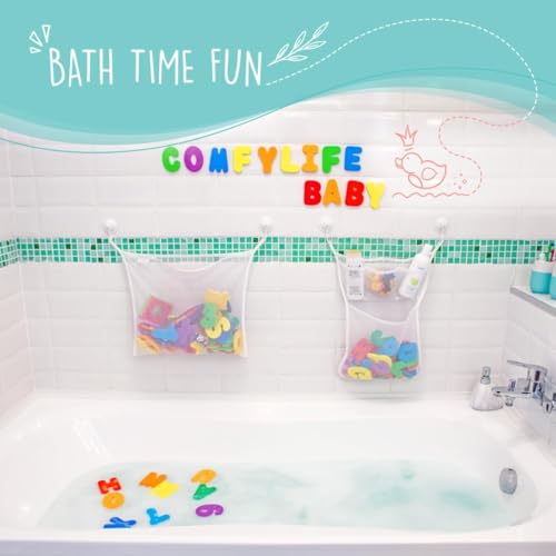 Comfylife 2 x Mesh Bath Toy Organizer  6 Ultra Strong Hooks  36 Bath Letters ââ?¬â?? Eco-Safe, Fun, Educational Foam Baby Bath Letters and Perfect Toy Storage Net for Baby Bath Toys & More