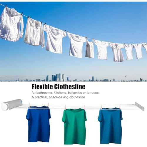 Joyzzz Telescopic Clothesline, Adjustable Length Automatic Telescopic Clothesline, White Plastic Clothes Drying Rope, 5 Line Easy Installation Wall Mounted Clothes Hanging Line