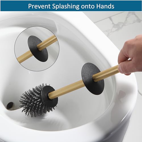 bgl Toilet Brush and Holder, Silicone Toilet Brush Holder, 2 Brush Heads, Aluminium Square Toilet Brush for Bathroom Cleaning, Toilet Brushes (Gold)