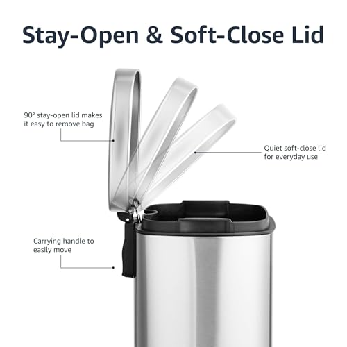 Amazon Basics Smudge Resistant Rectangular Trash Can With Soft-Close Foot Pedal, Brushed Stainless Steel, for Bathroom & small space, 5 L /1.32 Gal, Satin Nickel Finish, 7.3x8.5 x11.8 in (LxWxH)