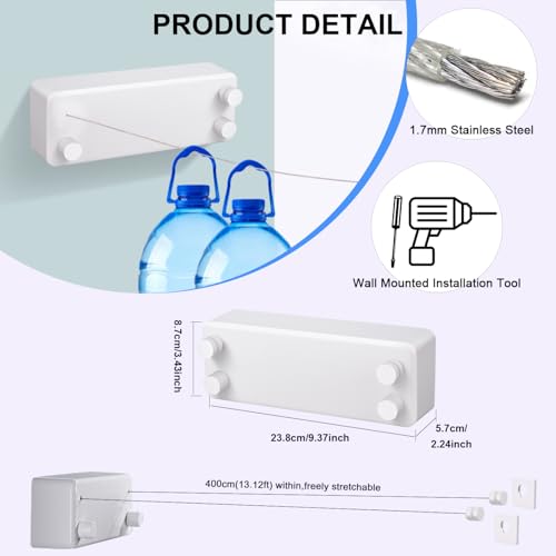 Retractable Clothesline Indoor - Double Clothes Line Retracting Outdoor Stainless Steel Clothes Line for Hanging Clothes - Wall Mounted Laundry Line (White)