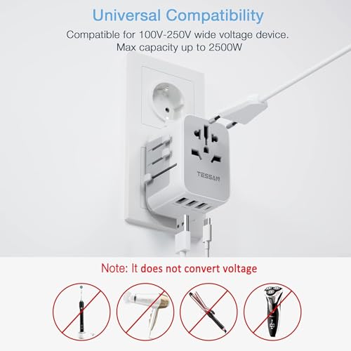 TESSAN International Plug Adapter, Universal Power Adaptor with 4 USB Ports (1 USB C), Worldwide Travel Essentials Wall Charger for USA to Europe France Germany Spain Ireland Australia(Type C/G/A/I)