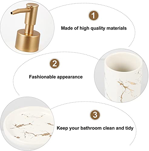 Bathroom Accessories Set, 4 Pcs Complete Marble Bathroom Accessory Modern Decoration Counter-top Organizer Toothbrush Holder Lotion Dispenser Soap Dish Tumbler. (White)